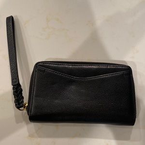 Fossil black leather wallet/ wristlet with braided handle